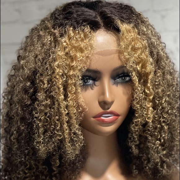 18 inch custom highlighted kinky curly wig| blonde highlight curly wig - Picture 2 of 9